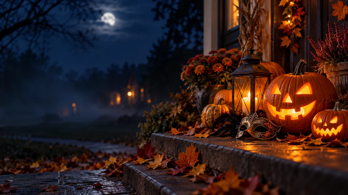 Beleuchtete Kürbisse, Laterne, Maske und Herbstlaub auf einer nächtlichen Veranda